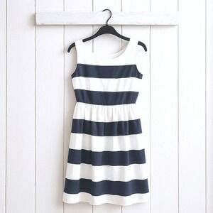 Bee Darlin Dress Womens 10 Navy White Fit Flare Nautical Striped Business Casual